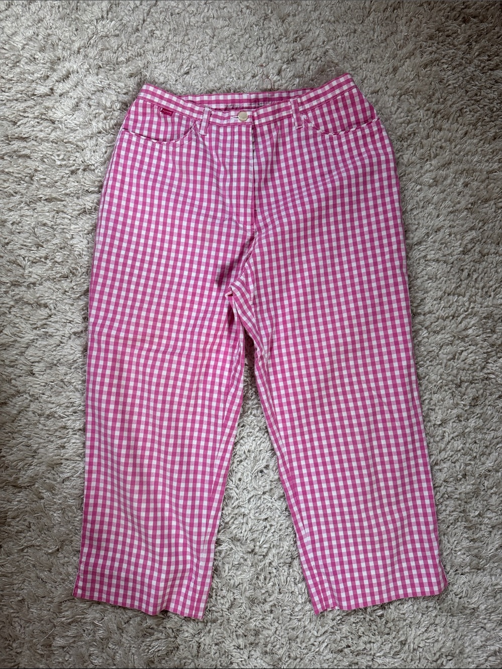 Lauren Ralph Lauren Bright Pink and White Gingham Tapered Pants
